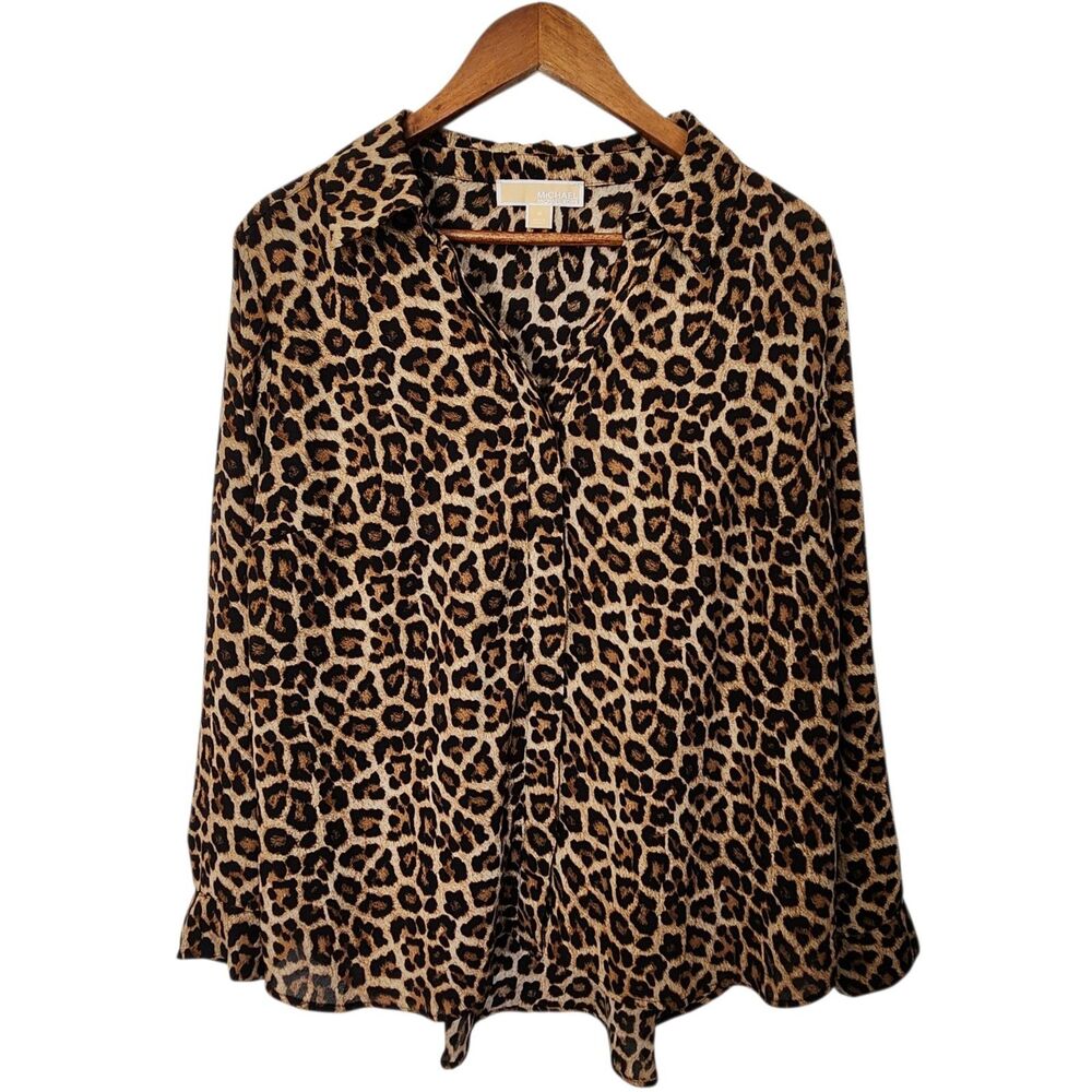Michael Kors Women's 1X Leopard Animal Print Button Up Long Sleeve Blouse